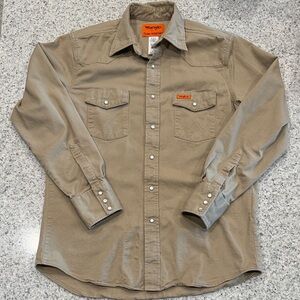 Wrangler FLAME RESISTANT Khaki Pearl Snap Western Shirt Mens Large (welding)